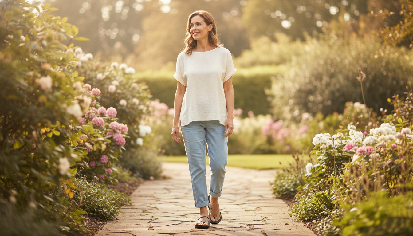 A women wearing supportive sandal for heel pain relief standing in a garden