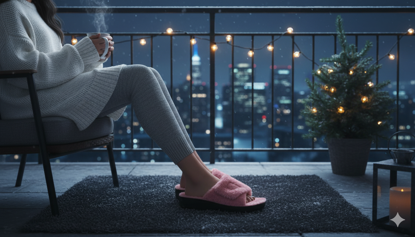 A women wearing warm slippers sitting in the balcony enhoying winter nights
