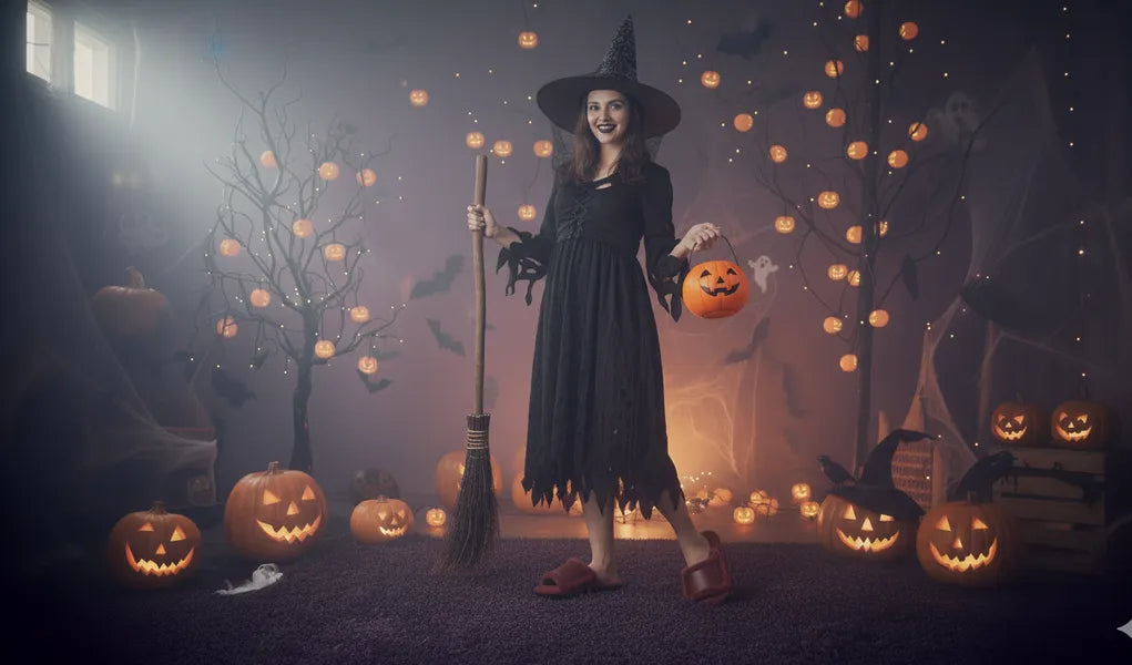 A women in halloween costume with halloween slippers looking nice and posing in a scary background