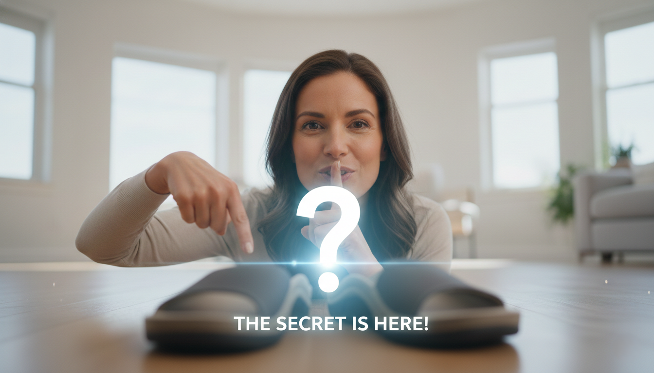 a woman pointing the sandals there is a ? symbal and written below "The Secret is Here"