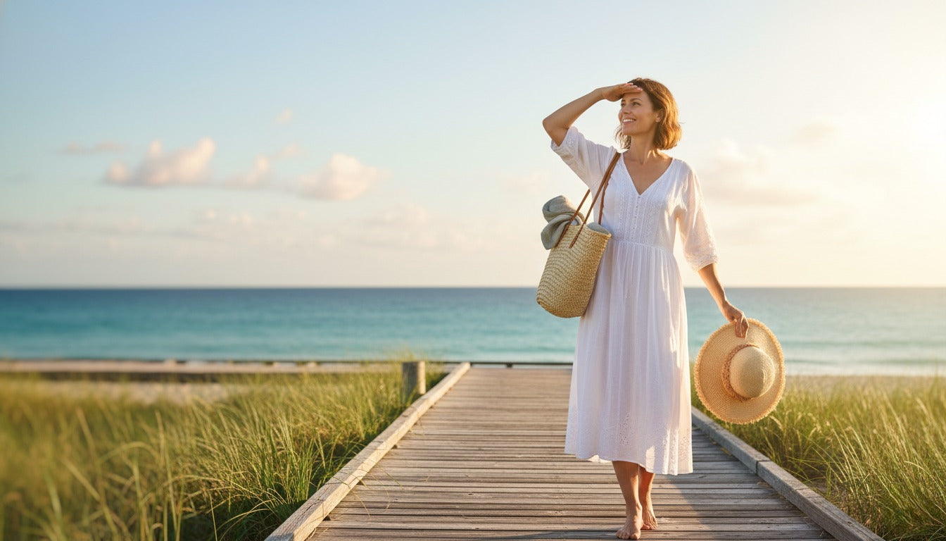 A woman is on spring break standing at the beach side wearing white dress