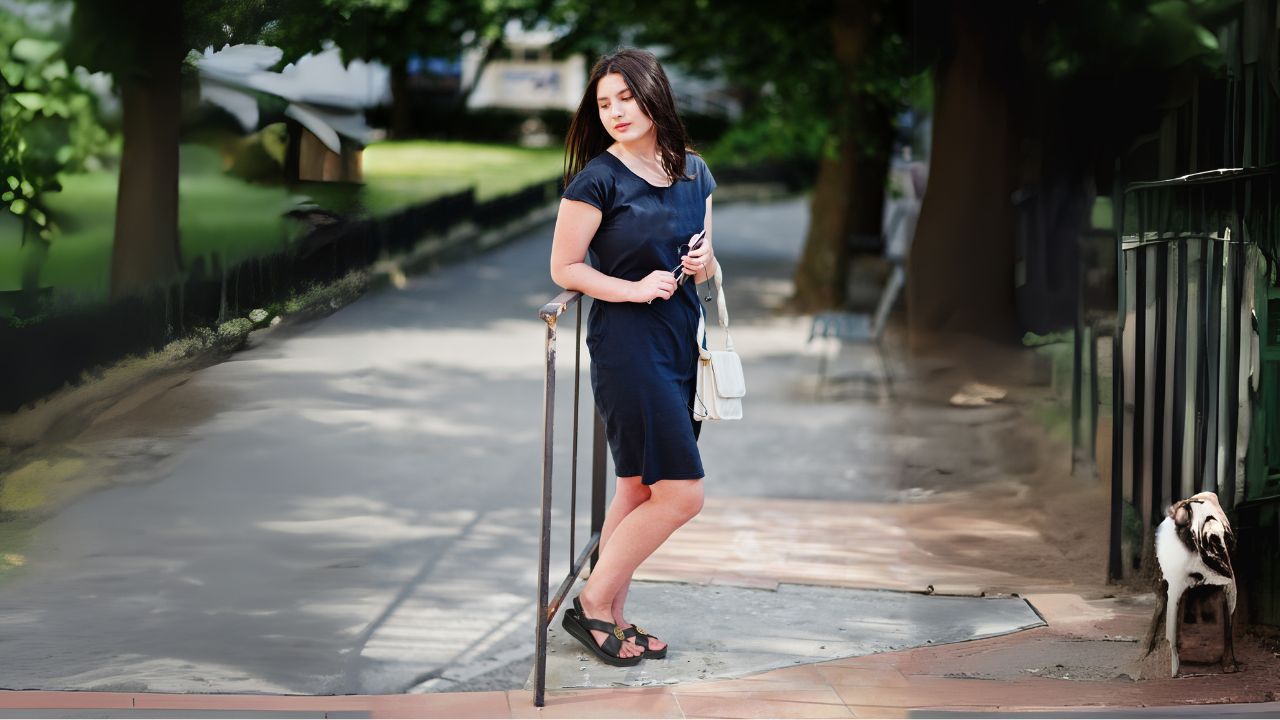 A woman wearing a blue dress stands next to a dog, both appearing happy in a bright outdoor environment.