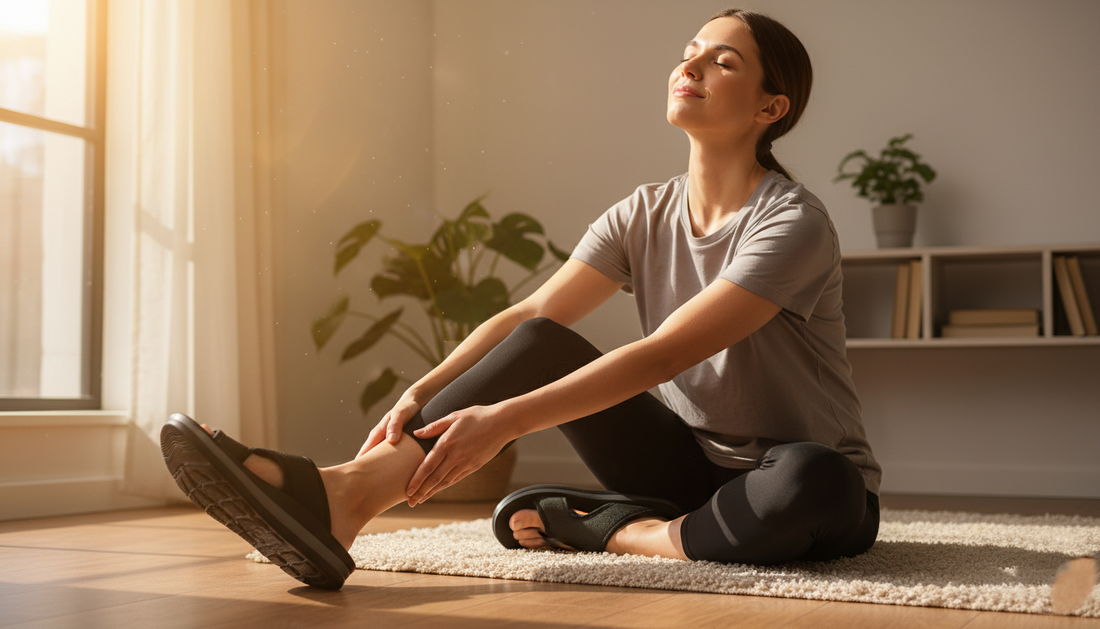 A woman sitting on a mat wearing blisters sandals and sunlight is coming from window