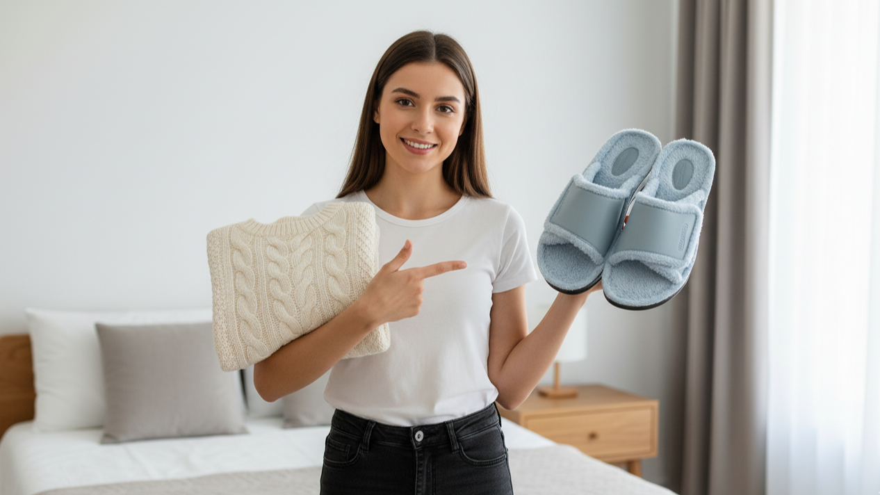 A woman in white T is suggesting fuzzy winter slippers