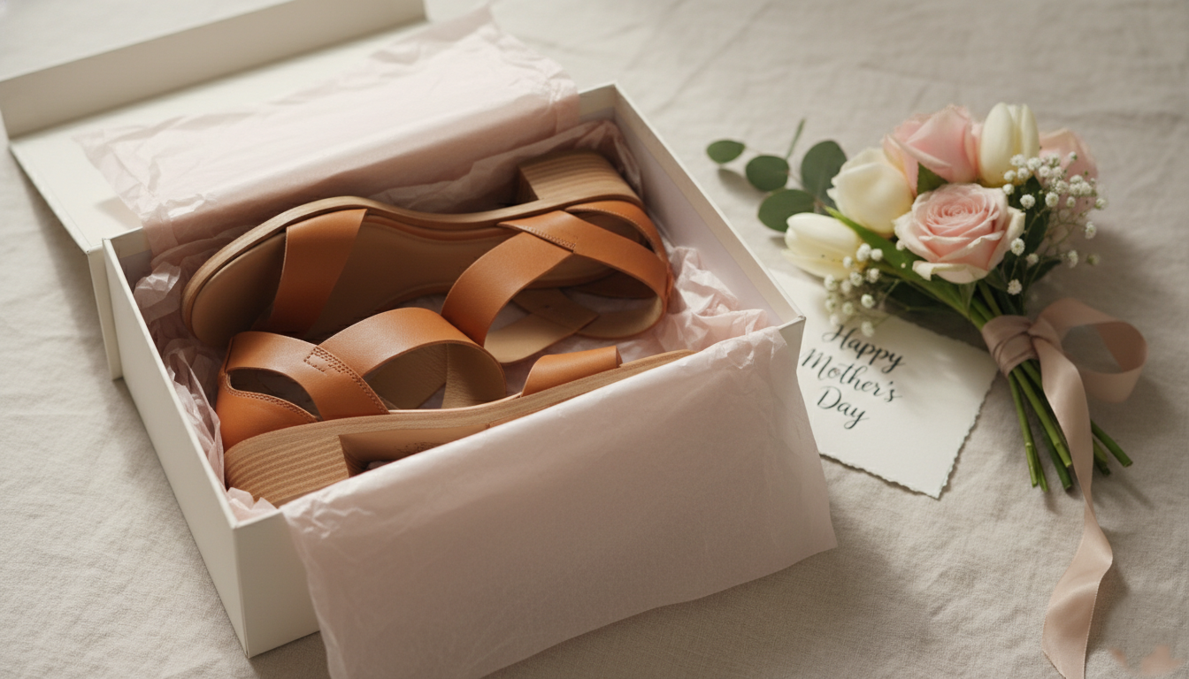 A pair of sandal in a box along with flowers and mothers day card