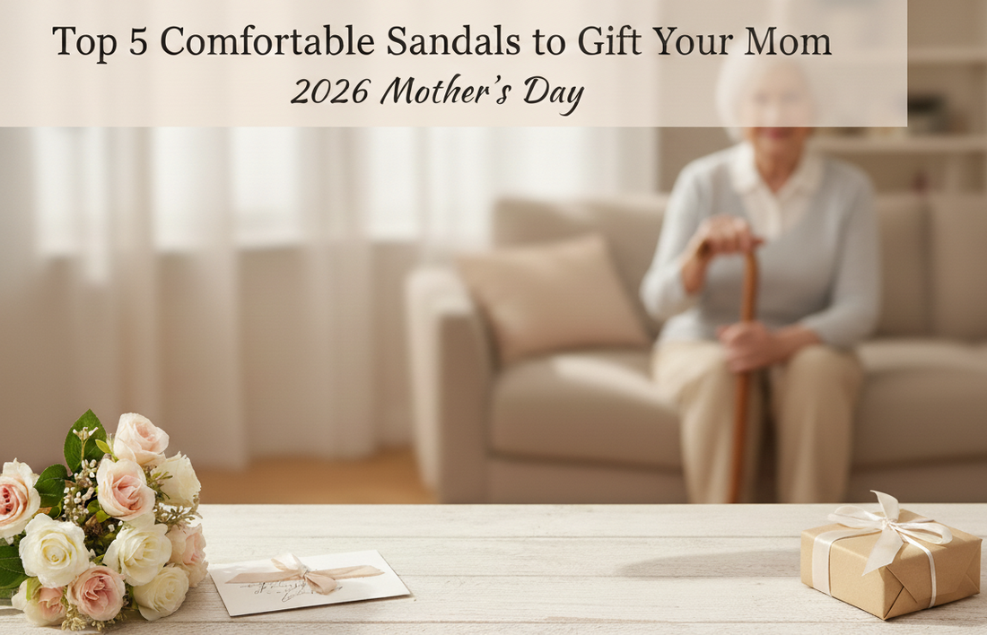 Blurred elderly woman with roses, gift, and Mother’s Day banner in foreground.
