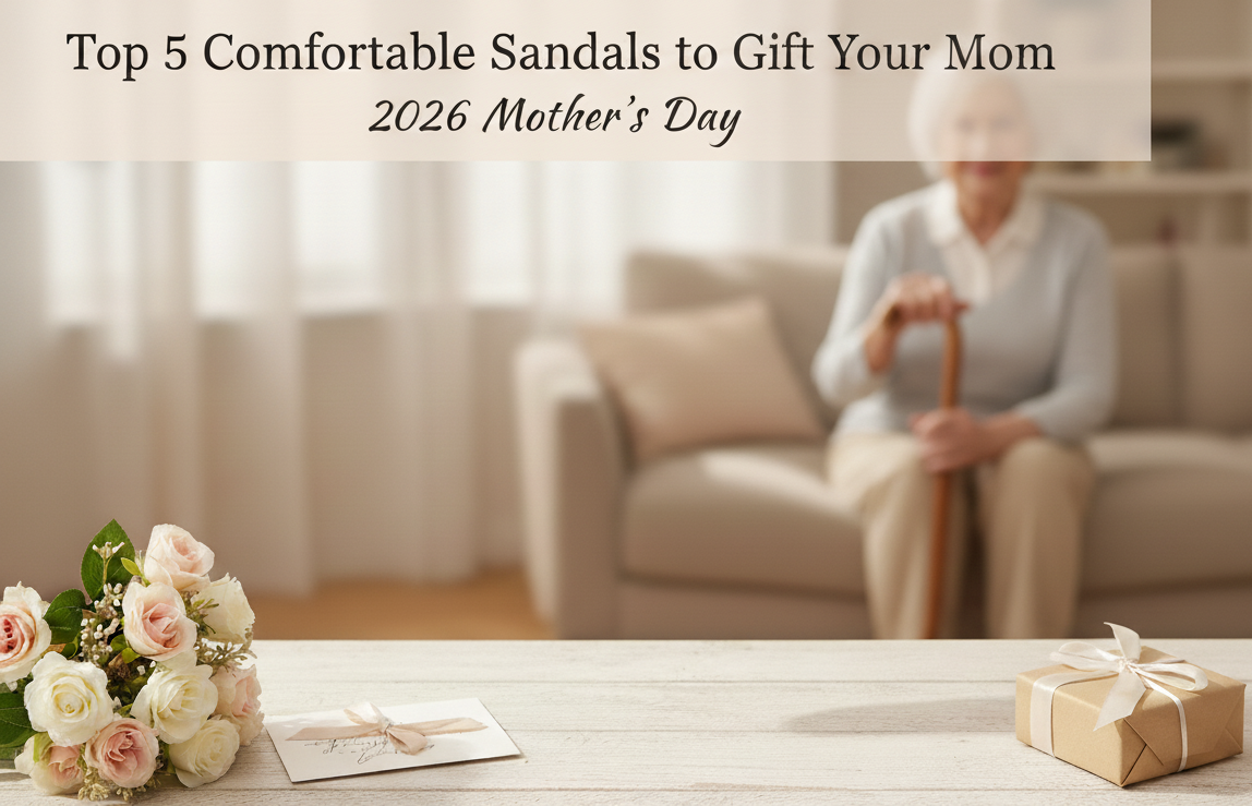 Blurred elderly woman with roses, gift, and Mother’s Day banner in foreground.