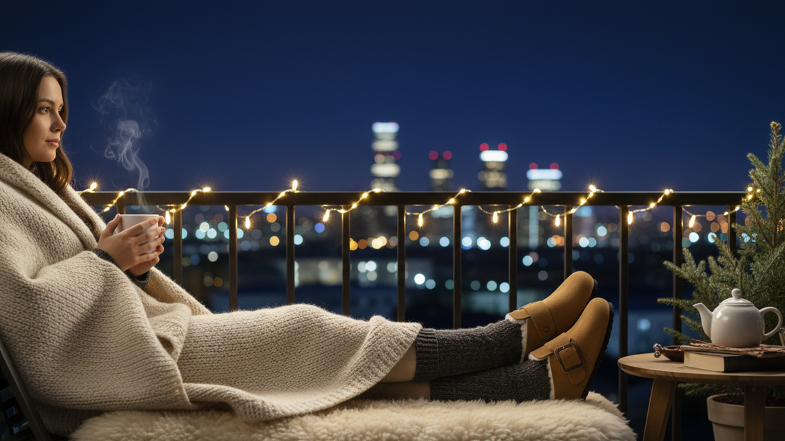 Woman is sitting on a terrace enjoying her coffee wearing brown leather clog