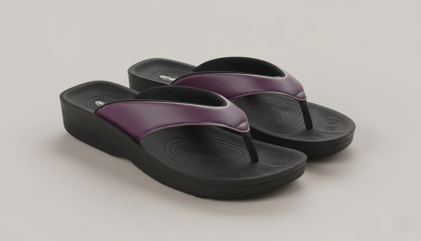 collection image showcasing pair of Aerothotic purple flip flops