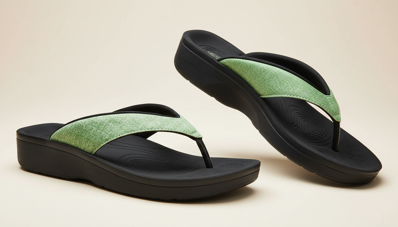 collection image showcasing pair of Aerothotic green flip flops
