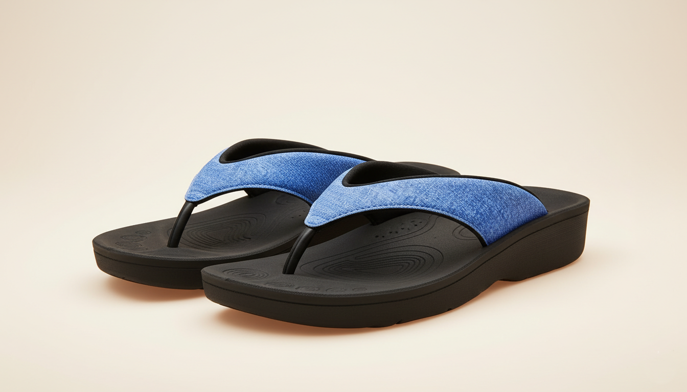 An image featuring a pair of aerothotic blue flip flops