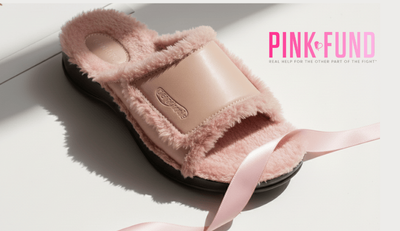 Pink Aerothotic sandal with ribbon and The Pink Fund logo for Breast Cancer Awareness.