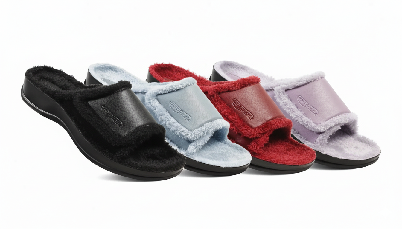 A collection of cozy faux-fur trimmed slip-on slippers for women. Shown in a variety of colors including black, blue, red, and purple, featuring a comfort-focused platform sole and plush lining.
