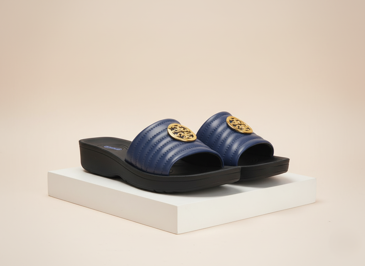 Collection image showcasing pair of Aerothotic navy slides