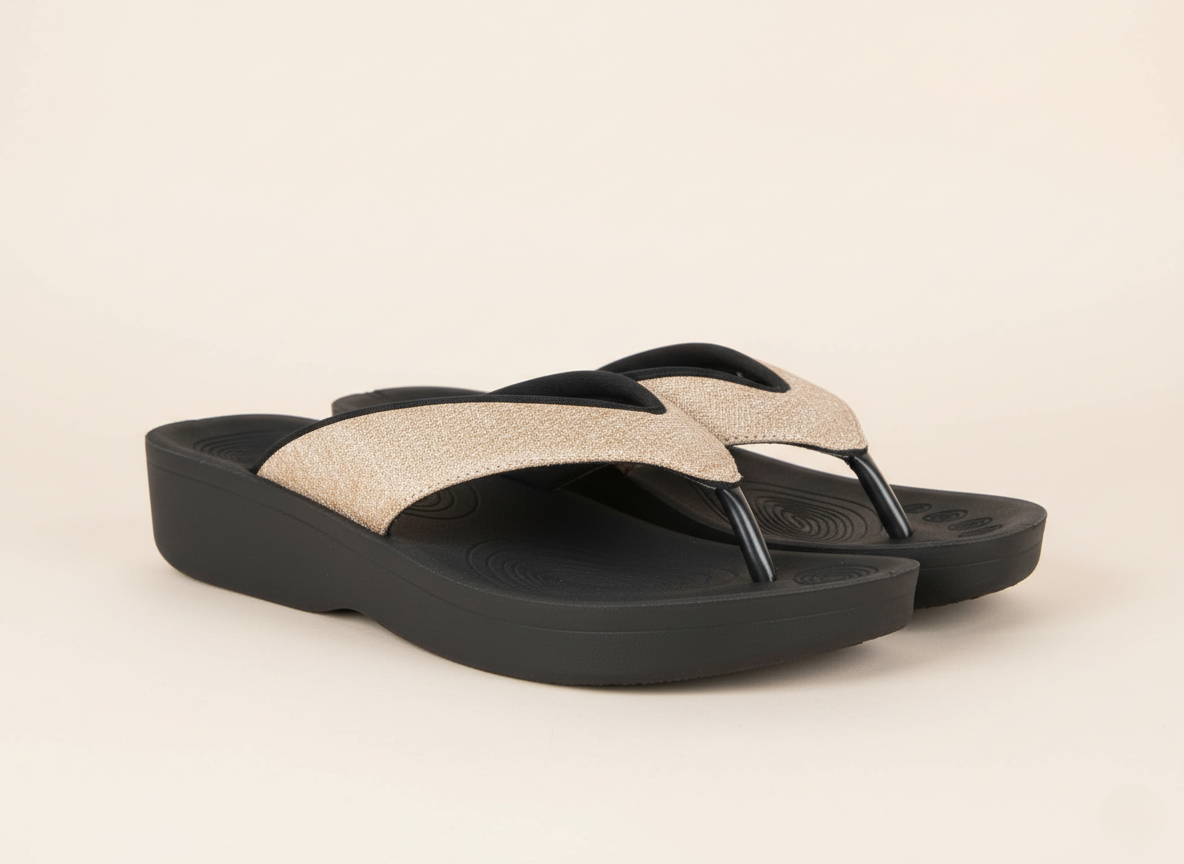 collection image showcasing pair of Aerothotic beige flip flops