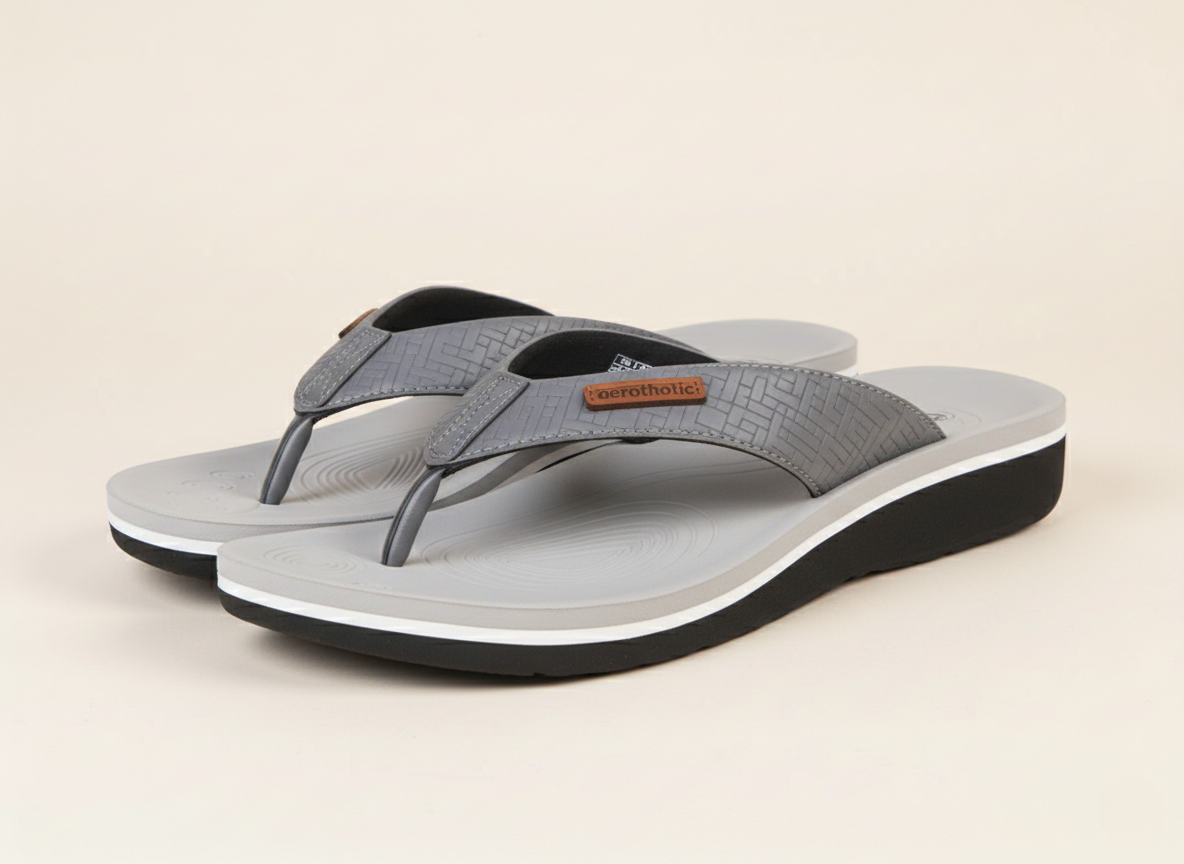 collection image showcasing pair of Aerothotic grey flip flops