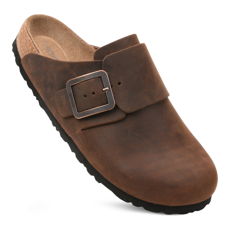 Brown Aerothotic Dakota leather clogs with cork footbed and raised toe bar
