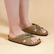 Aerothotic- Suri Leather Comfy Memory Foam Footbed Cork Adjustable Buckle Slip on Outdoor Slides for Women