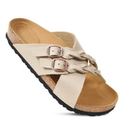 Aerothotic- Suri Leather Comfy Memory Foam Footbed Cork Adjustable Buckle Slip on Outdoor Slides for Women