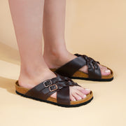 Aerothotic- Suri Leather Comfy Memory Foam Footbed Cork Adjustable Buckle Slip on Outdoor Slides for Women