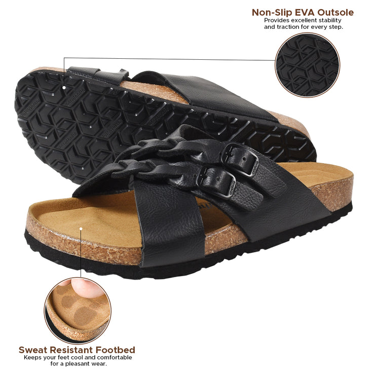 Aerothotic- Suri Leather Comfy Memory Foam Footbed Cork Adjustable Buckle Slip on Outdoor Slides for Women