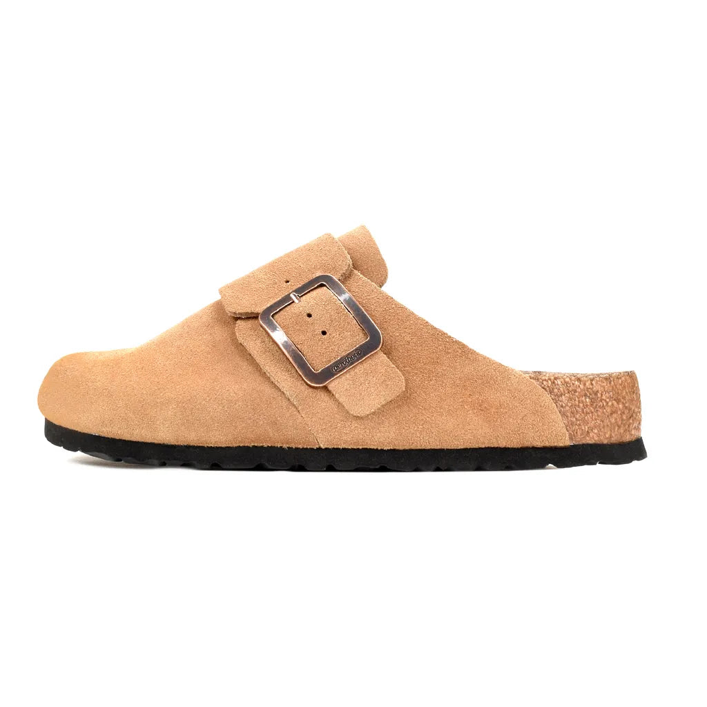 Side profile of the Atlas LC1424 women's backless clog showing the open heel and adjustable buckle