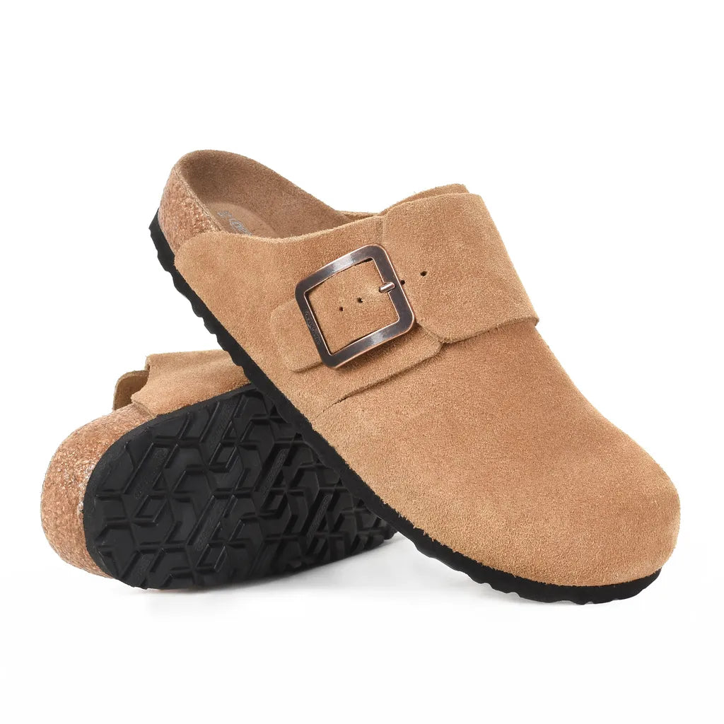 Tan suede clog shoe with a buckle
womens suede clogs
clog sandals women