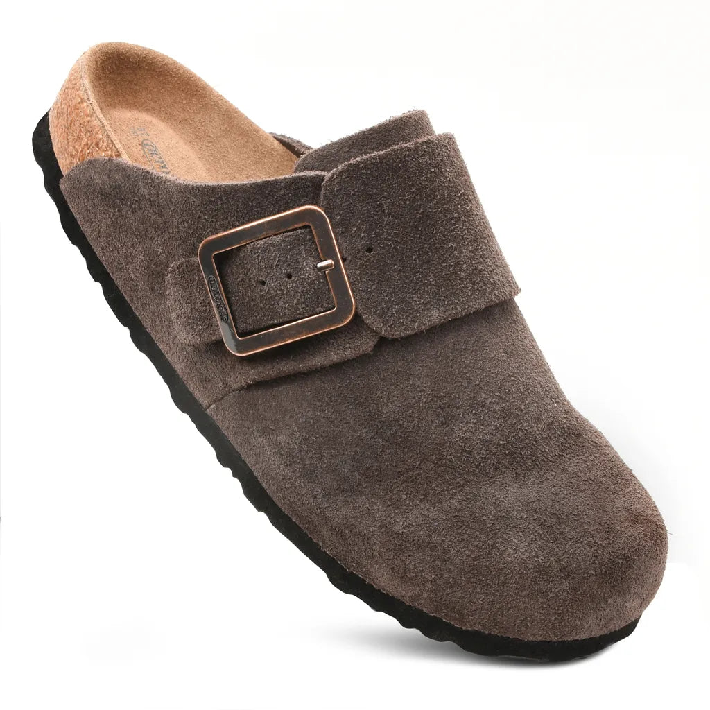 Brown suede clog shoe with a buckle womens suede clogs
clog sandals women