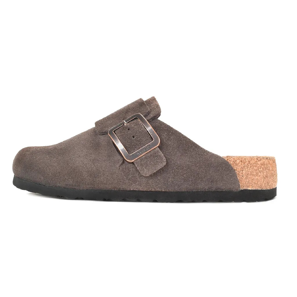 Brown suede clog shoe with a buckle 
womens slip on clogs