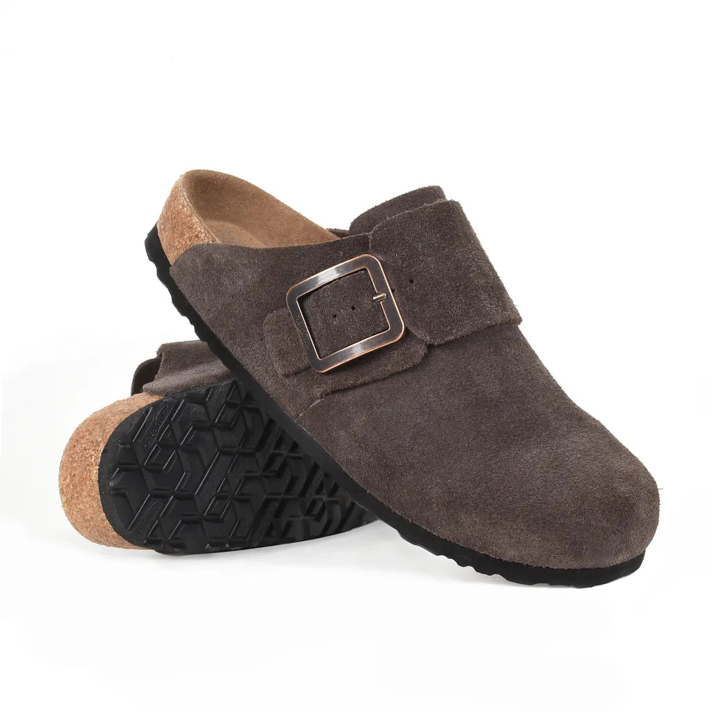 Sole and footbed view of the Atlas clog in dark brown suede showing the arch contour