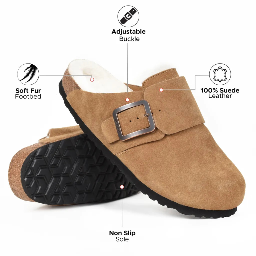 Brown suede clog shoe with features highlighted 
suede clogs
