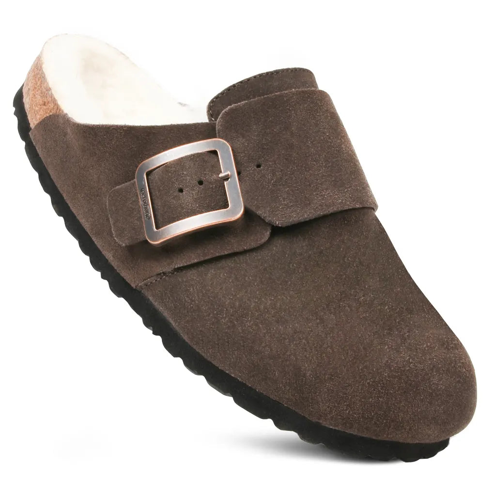 Brown suede clog shoe with a buckle 
comfort clogs​
womens clogs