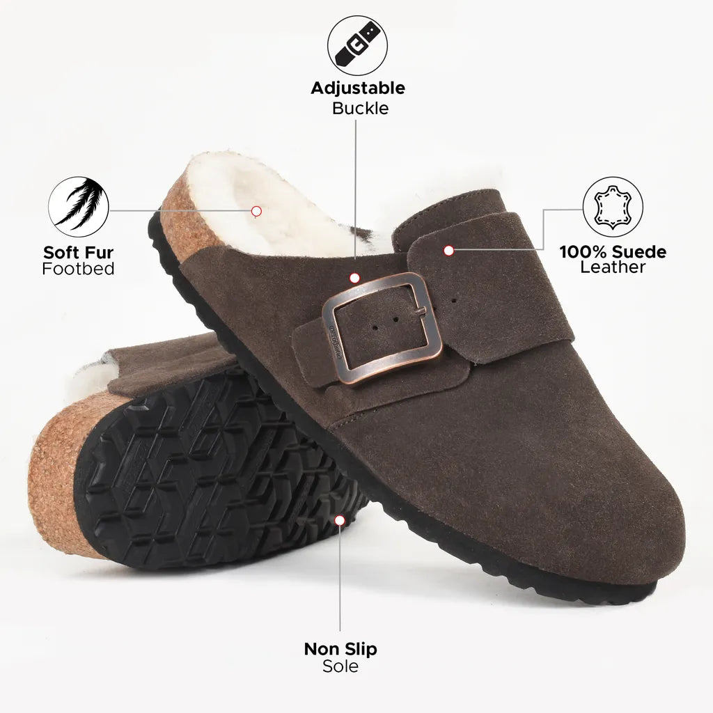Brown suede clogs with features highlighted
leather clogs womens