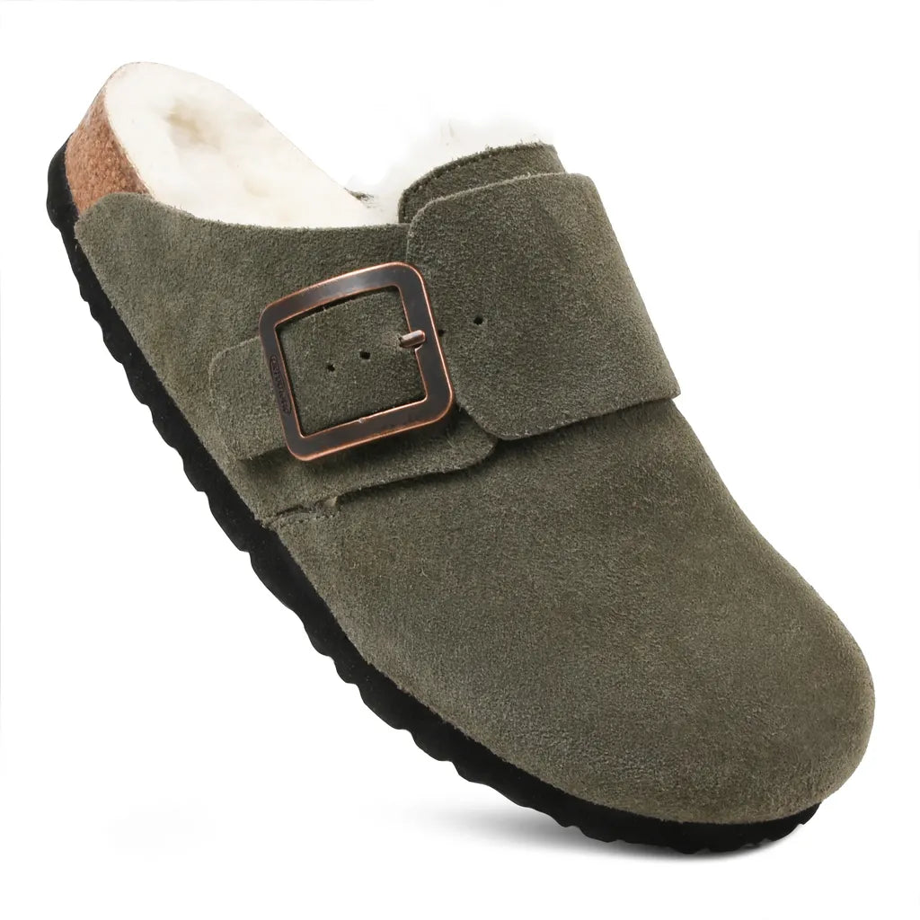 Green suede slipper with a buckle
leather clogs womens
womens comfort clogs