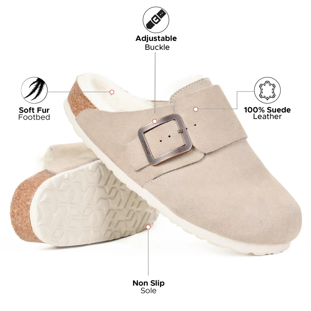 Beige slip-on shoes with a buckle, soft fur footbed, and non-slip sole 
leather clogs womens
suede clogs