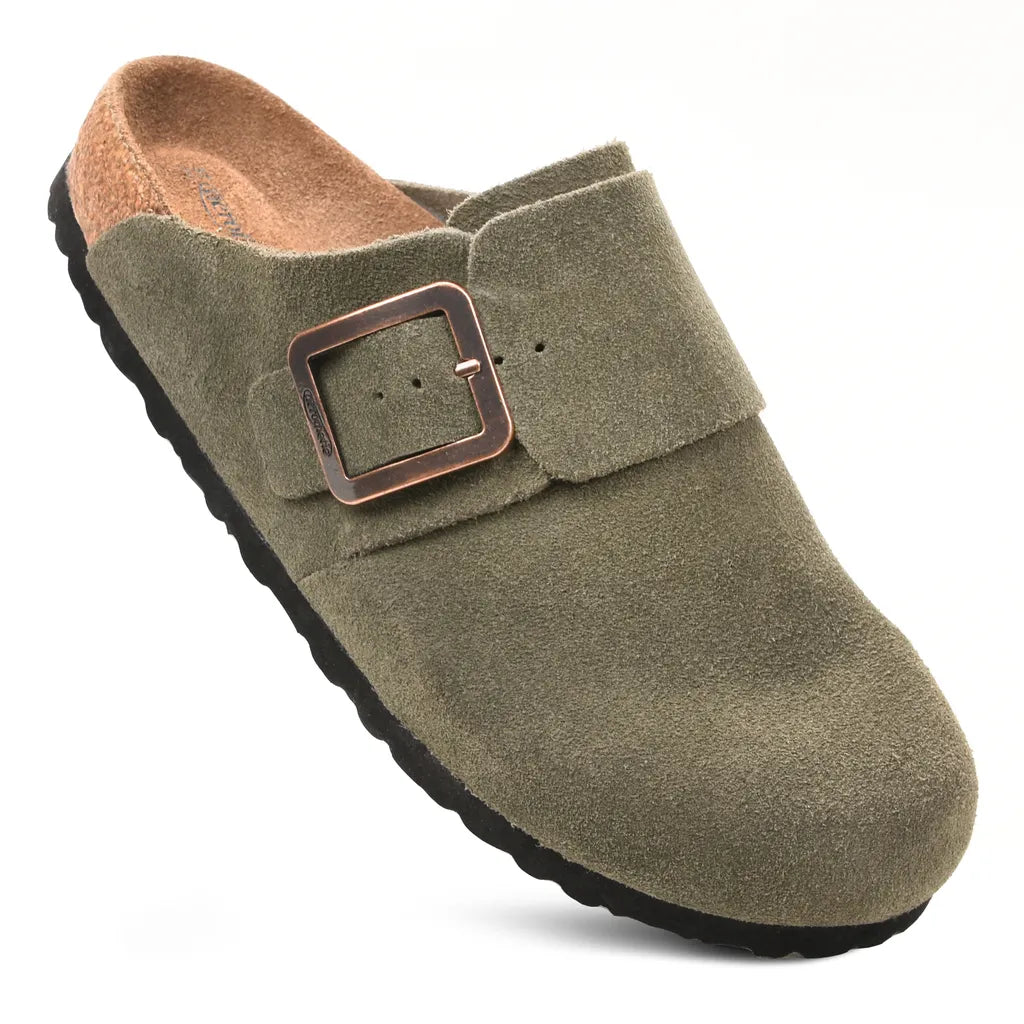 Green suede clog shoe with a brown buckle 
ladies suede clogs​
suede clogs womens​