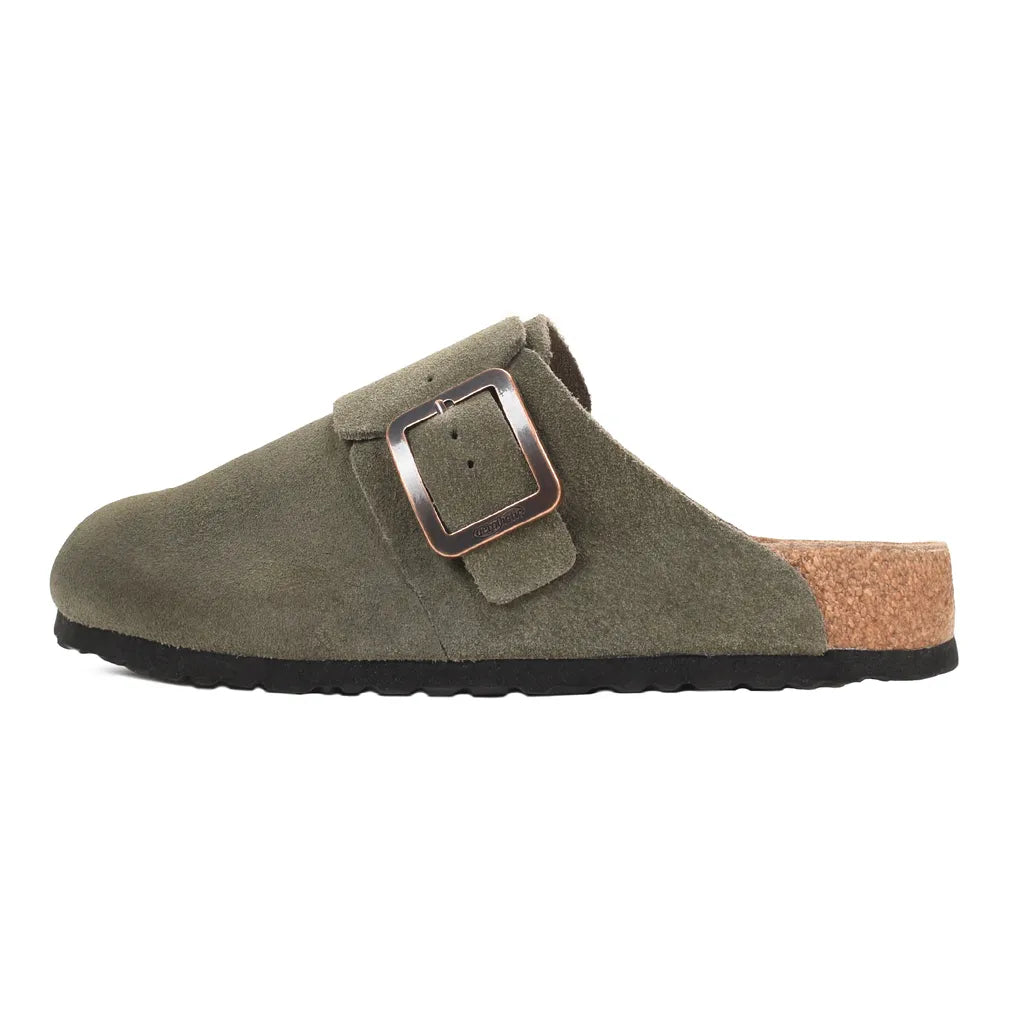 Green suede clog with a buckle
suede clogs
ladies suede clogs​