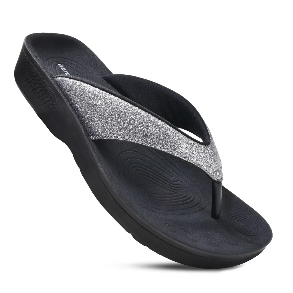 Black sandal with a silver glittery strap Podiatrist approved sandals
arch support sandals for women
