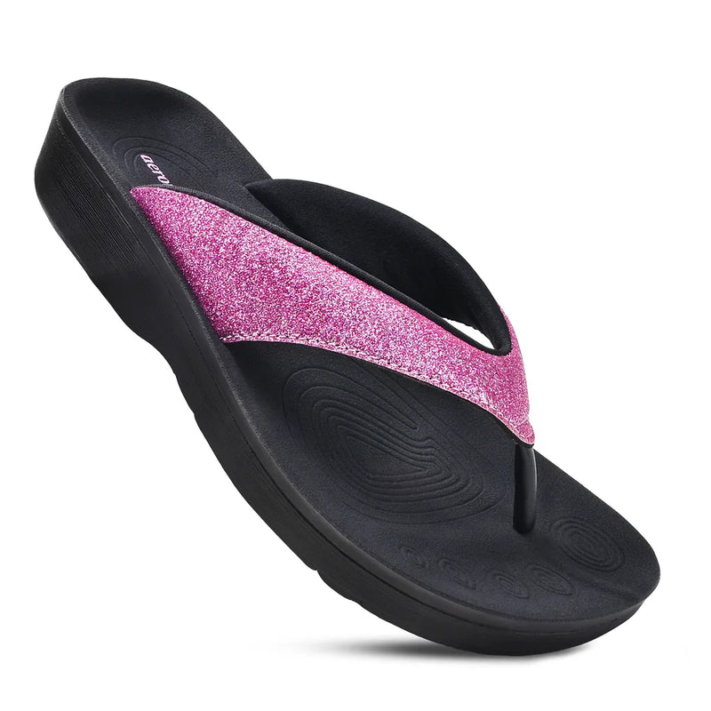 Aerothotic Crystal Mist women's flip flops in purple with glitter strap and contoured footbed