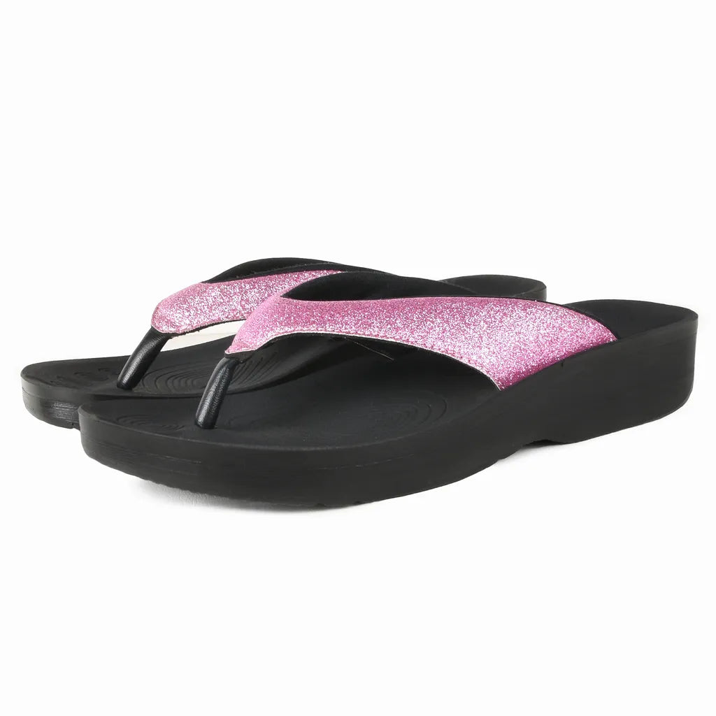 Black sandals with pink glittery straps flip flop sandals
arch support thongs