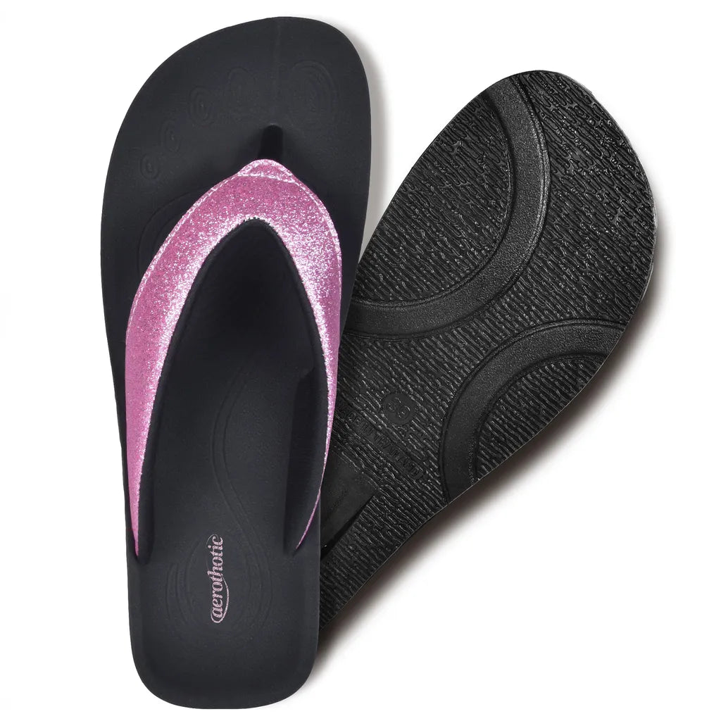 Black flip-flops with pink glittery strap flip flop sandals
arch support thongs