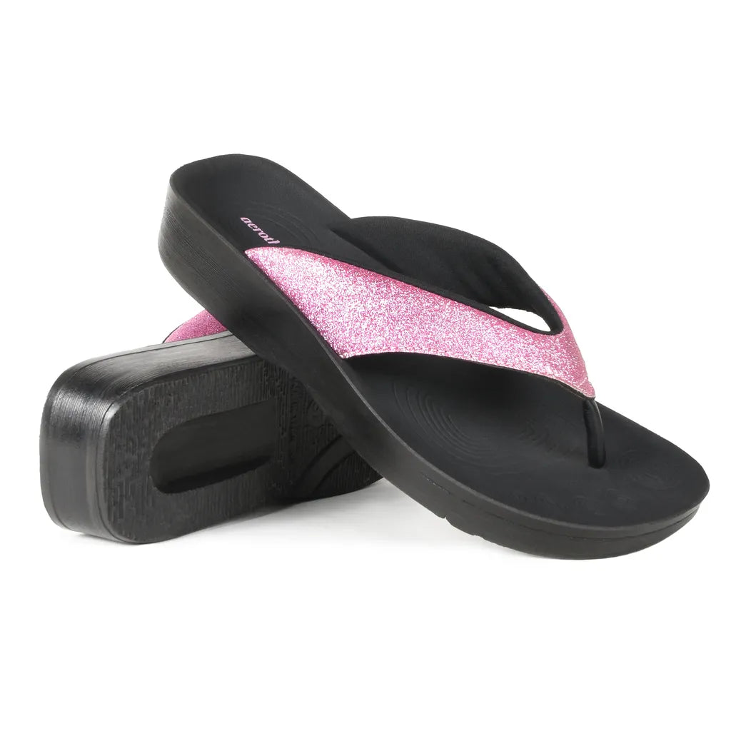 Black sandal with pink glittery insole
flip flop sandals
arch support thongs