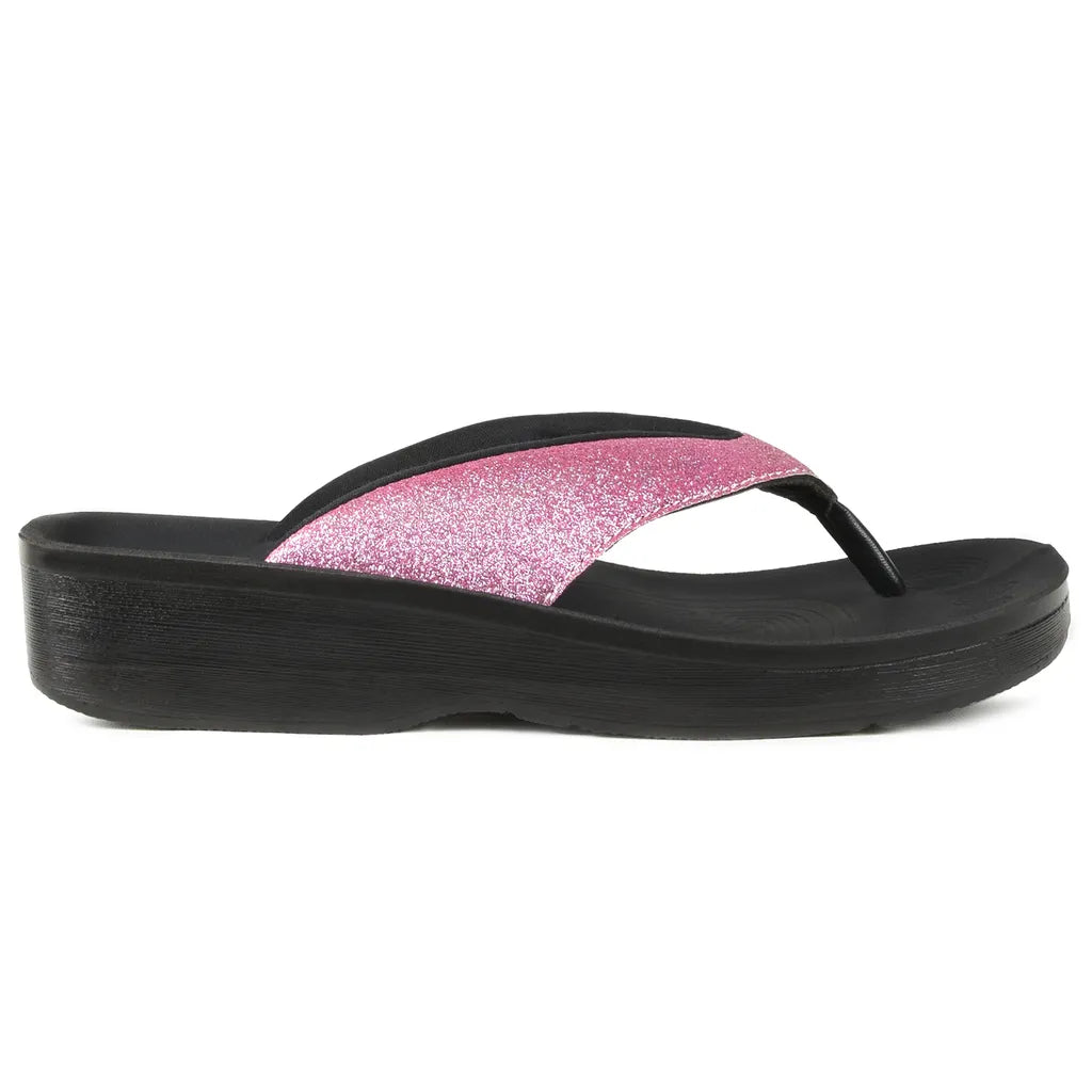 Black sandal with pink glittery sole
flip flop sandals
arch support thongs