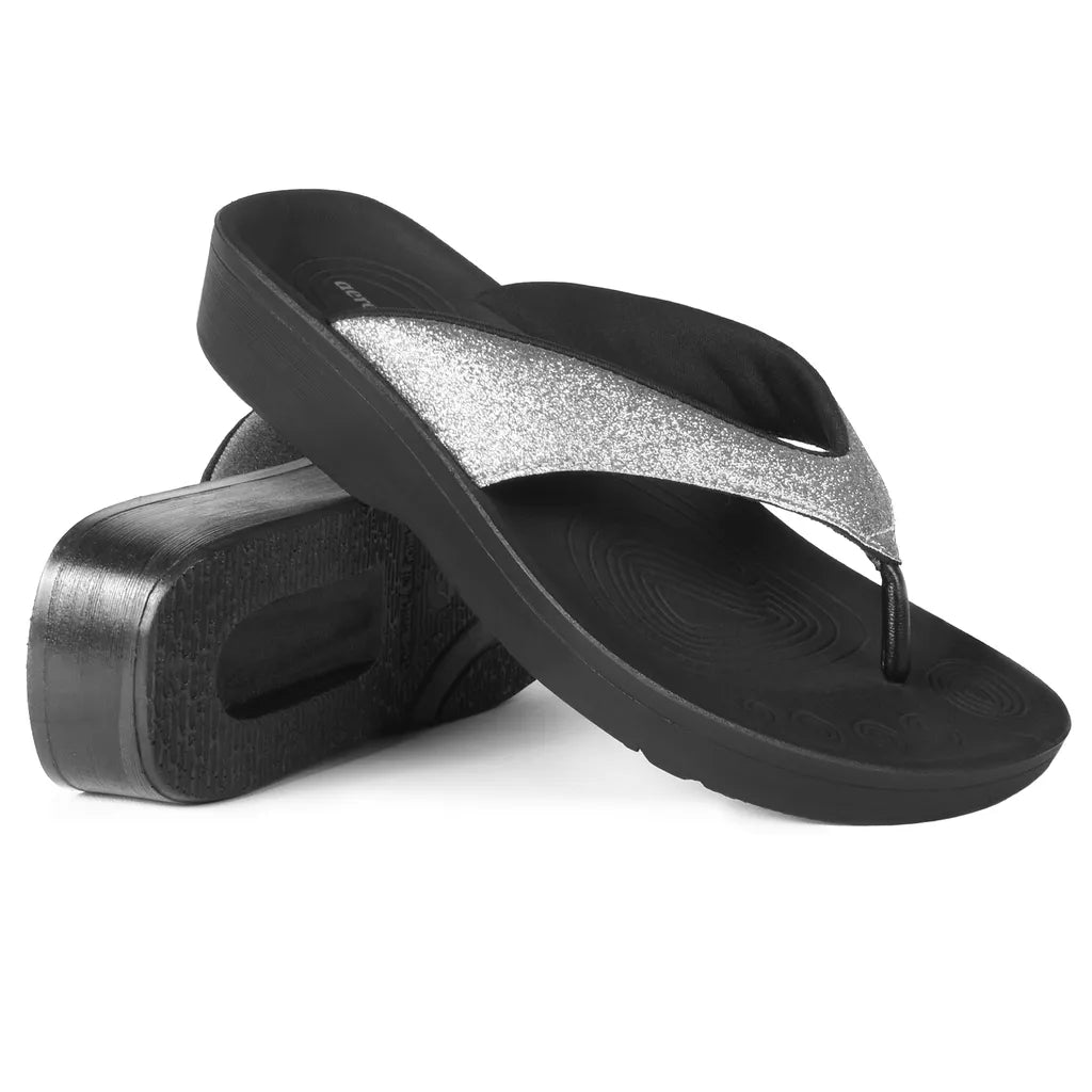 Black sandal with a silver glittery strap Podiatrist approved sandals
arch support sandals for women