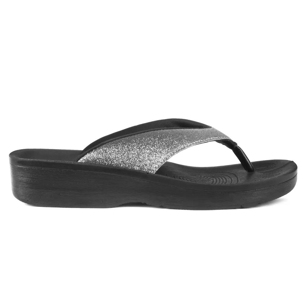 Black sandal with a glittery strap 
Podiatrist approved sandals
arch support sandals for women