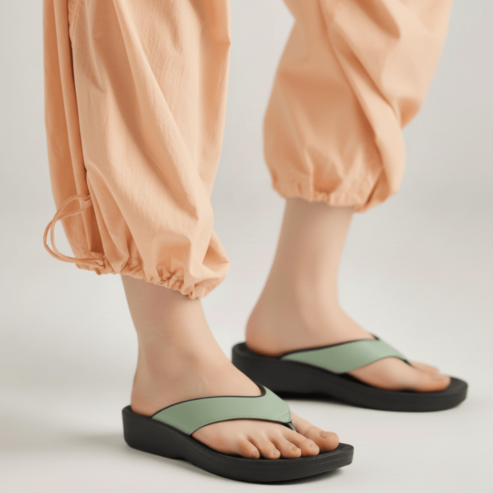 Person wearing green and black sandals with peach pants on a light background
orthopedic sandals for women
orthopedic sandals