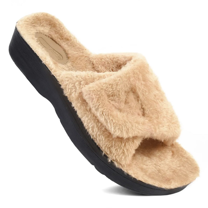 Aerothotic Gemma women's plush slipper in camel with cross straps and supportive footbed