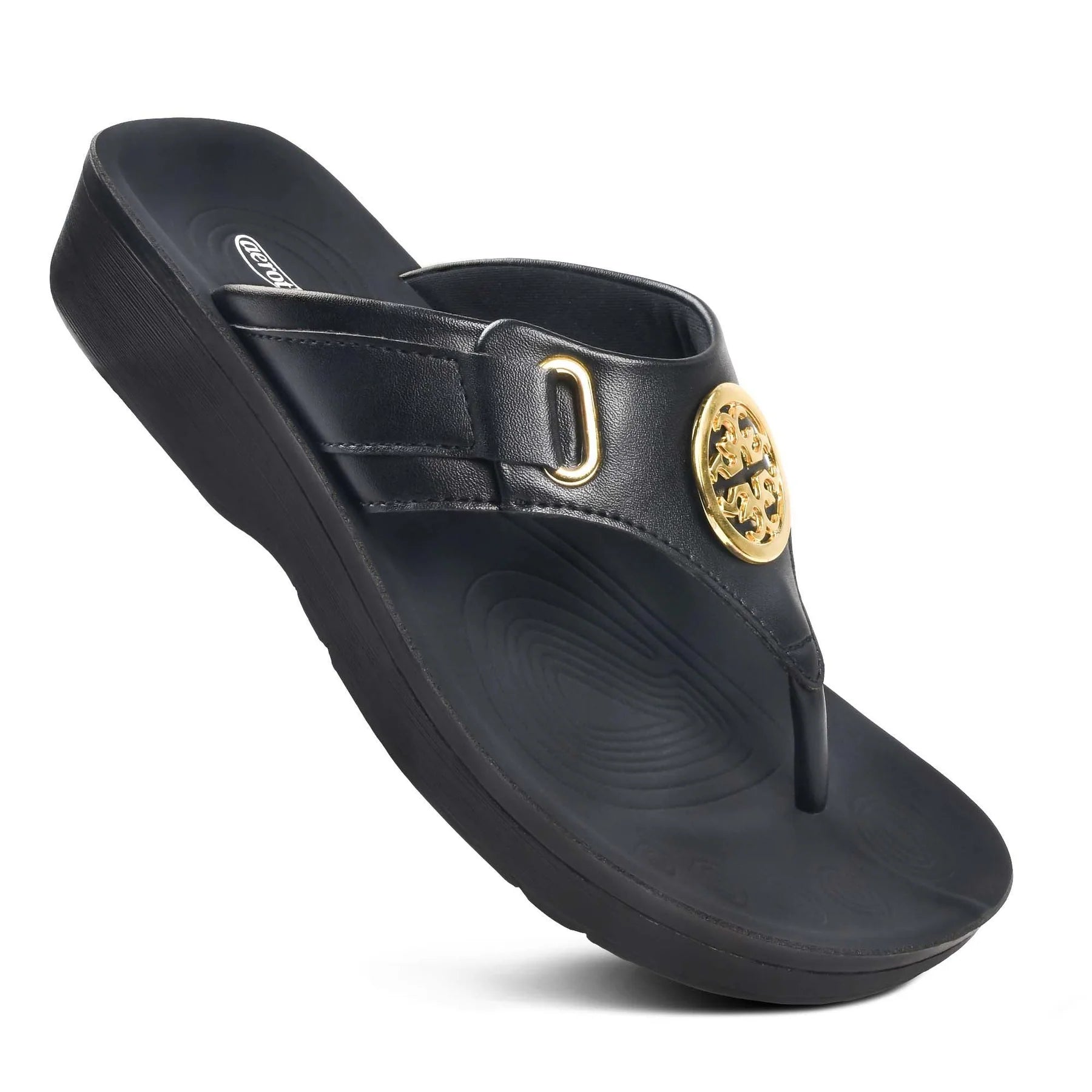 Black sandal with a gold embellishment 
arch support sandals for women
womens sandals with arch support
womens arch support sandals