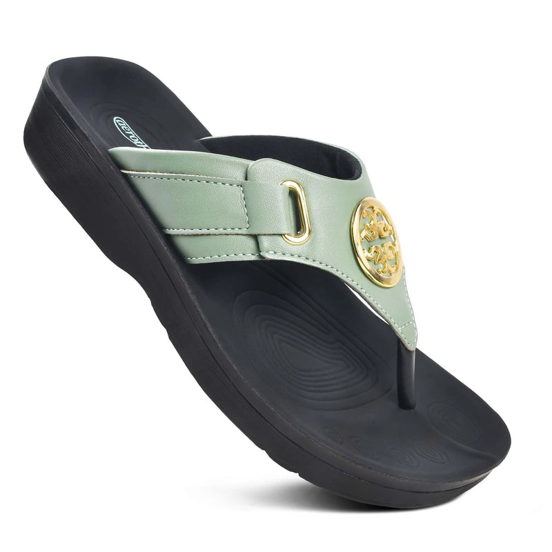 Aerothotic Hazel women's thong sandals in green with gold medallion accent