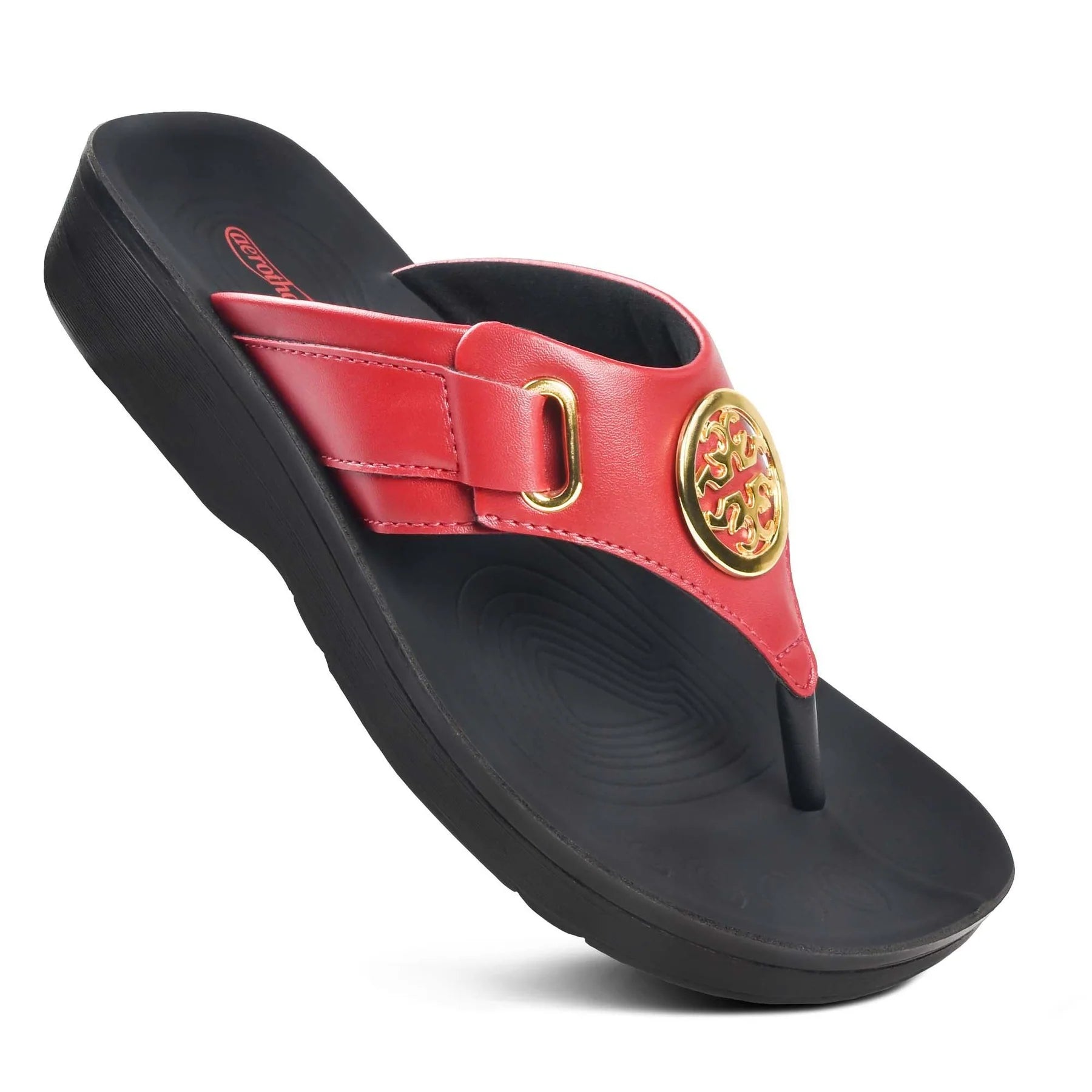 Black sandal with a red strap and gold buckle 
arch support sandals for women
womens sandals with arch support
womens arch support sandals